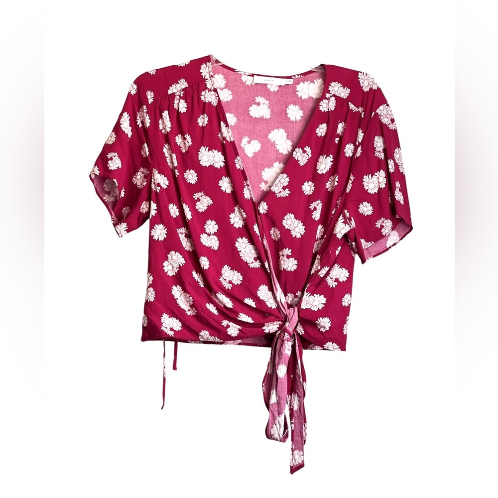 Lush Elegant Floral Tie-Front Blouse - Burgundy - L